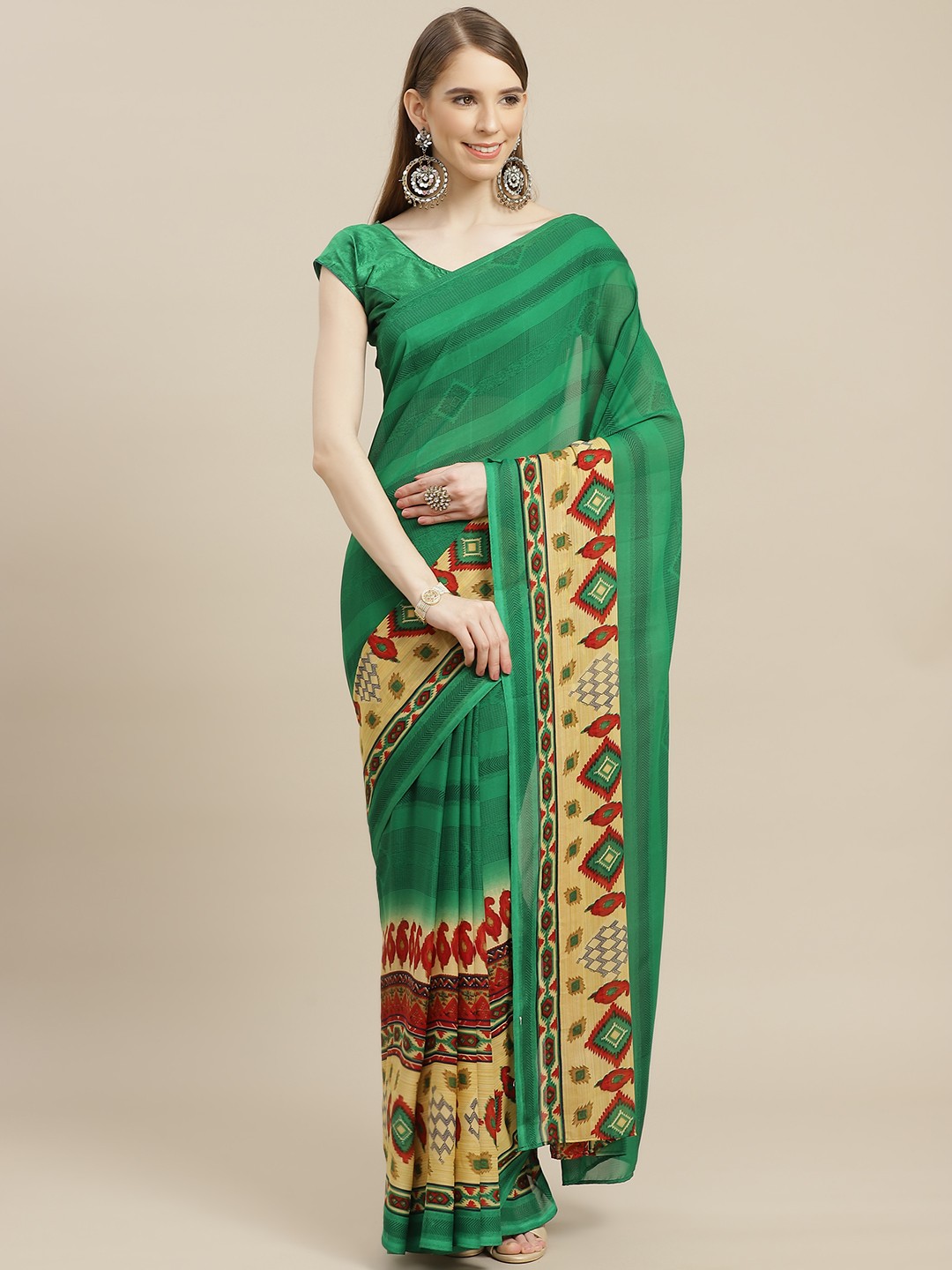 

Anouk Green Striped Pure Georgette Saree