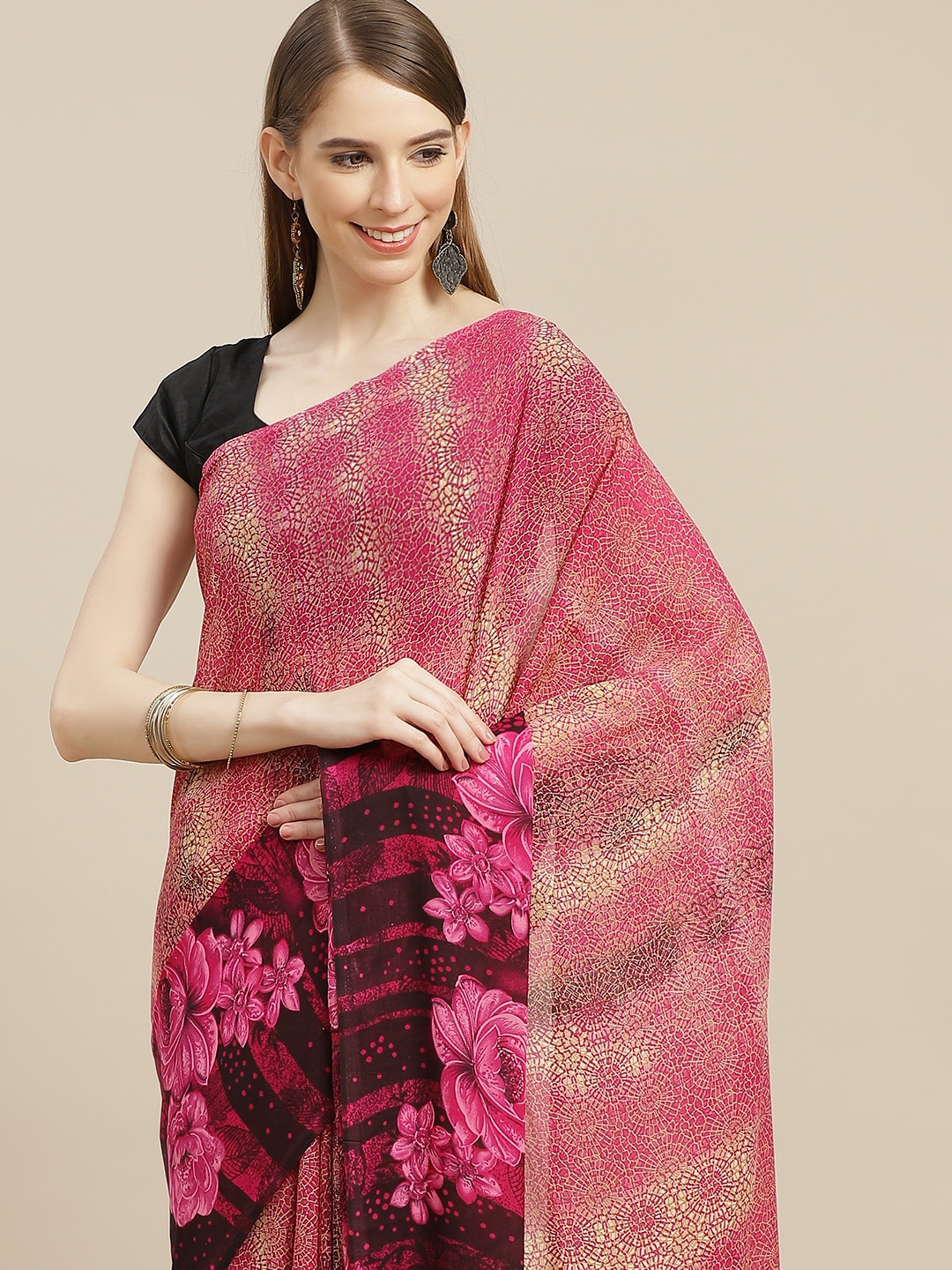 

Anouk Pink & Black Floral Print Bhagalpuri Saree