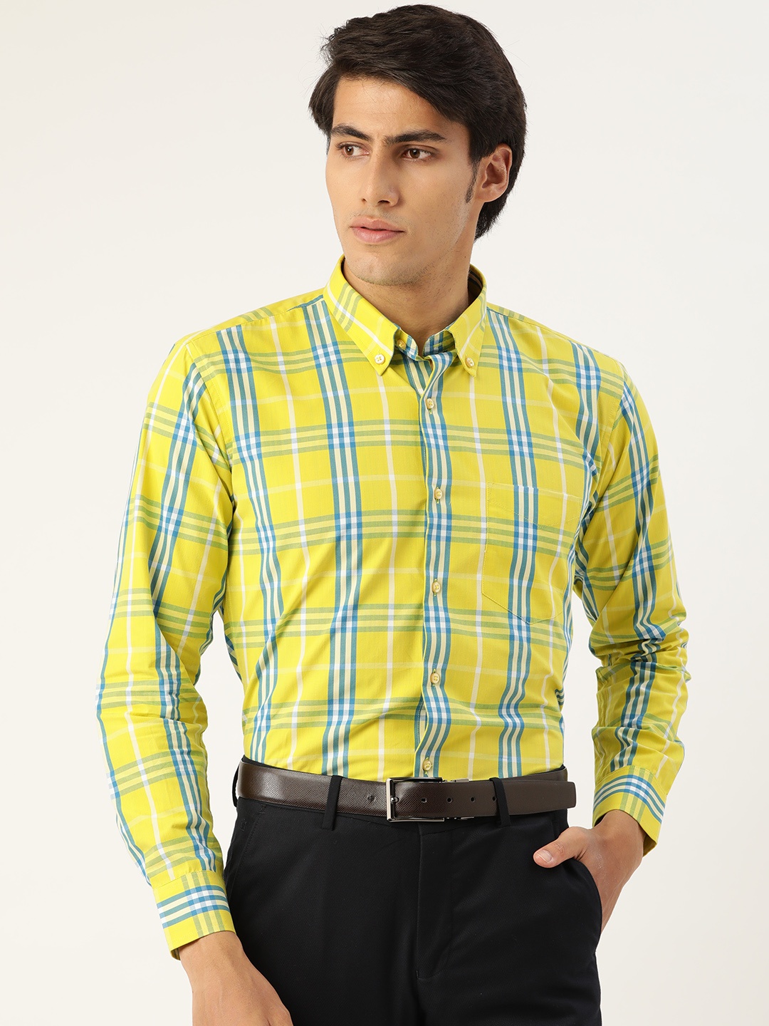 

Hancock Men Yellow Pure Cotton Slim Fit Windowpane Checks Checked Formal Shirt
