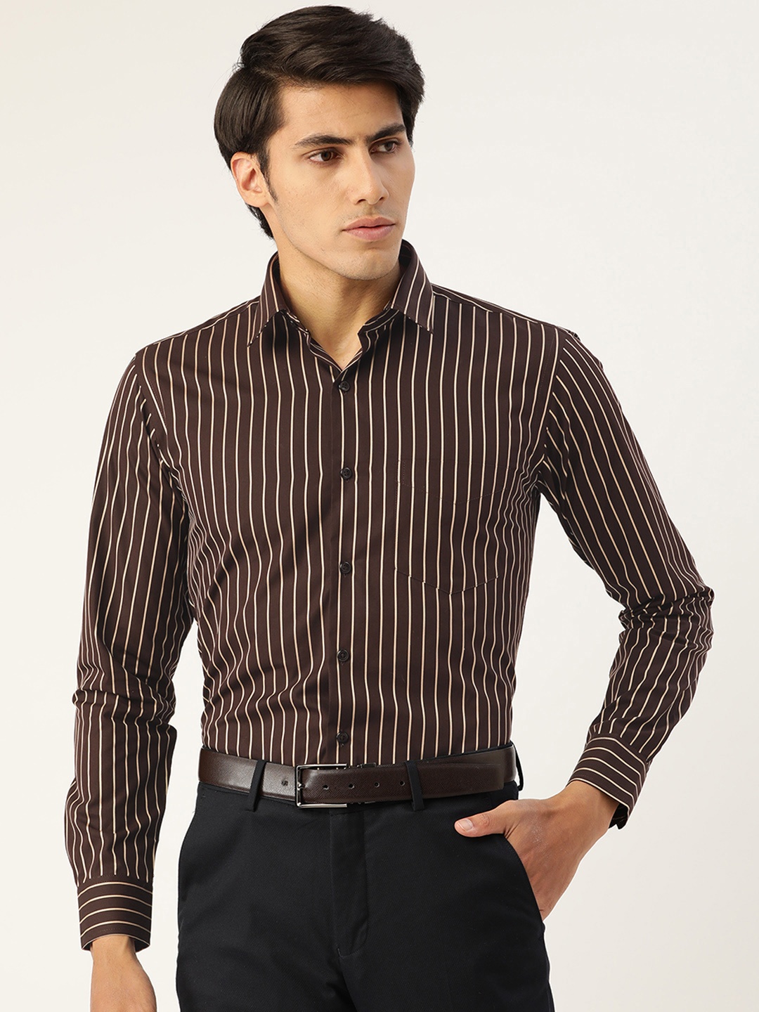 

Hancock Men Brown & Cream-Coloured Slim Fit Striped Pure Cotton Formal Shirt