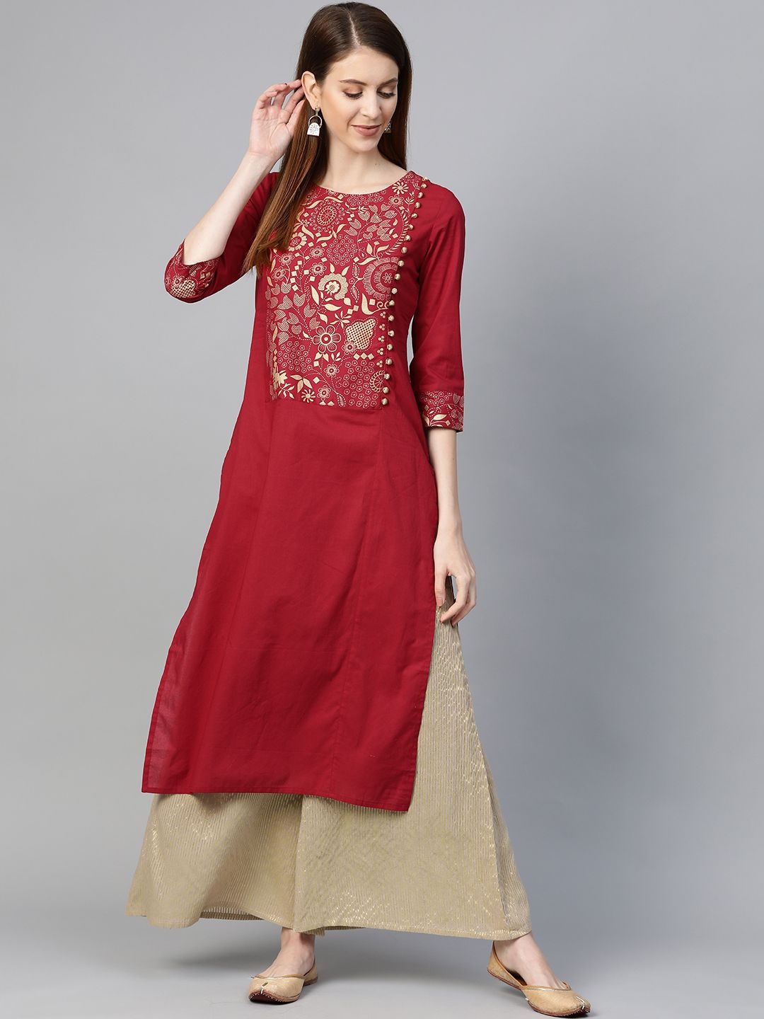 

KSUT Women Maroon Keyhole Neck Flared Sleeves Gotta Patti Anarkali Kurta