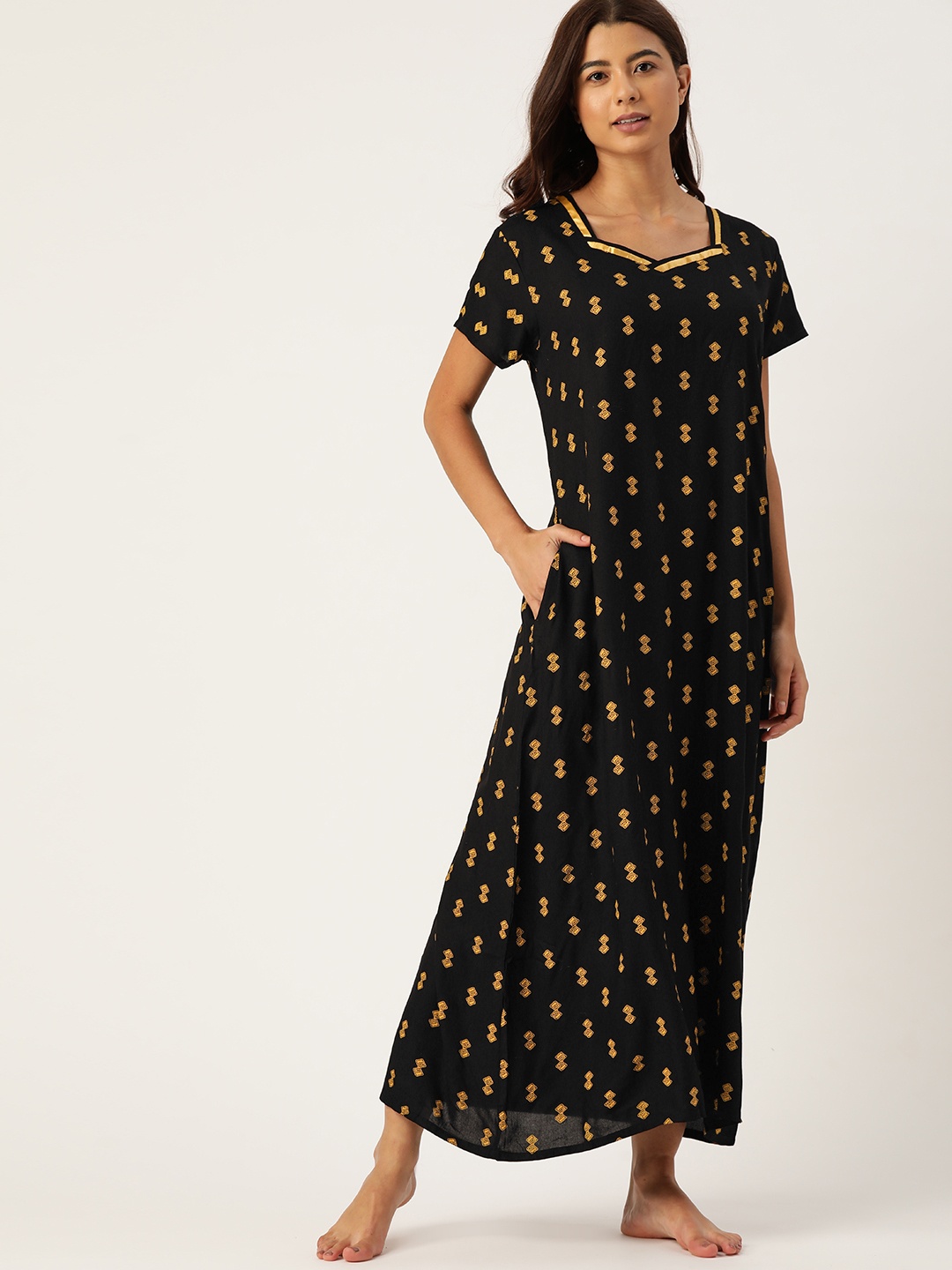 

ETC Black & Yellow Printed Maxi Nightdress