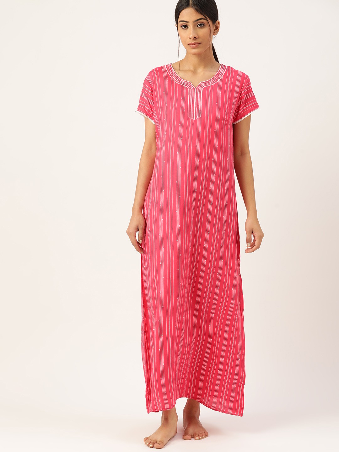 

ETC Women Pink & White Striped Maxi Nightdress