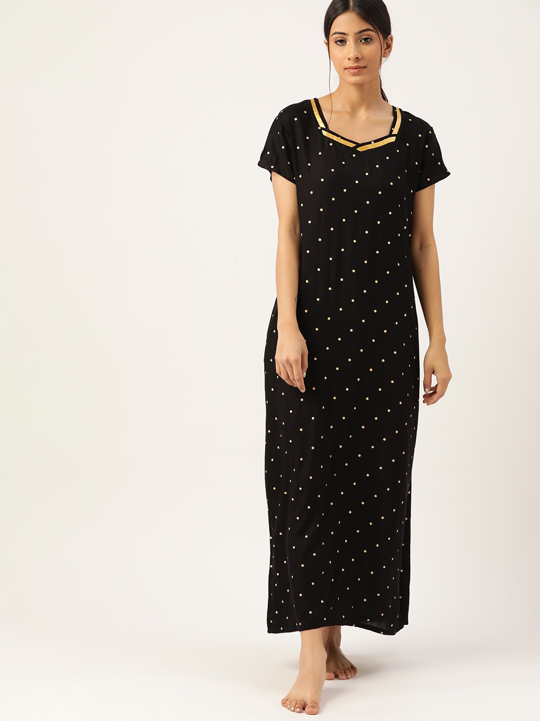 

ETC Women Black & Beige Polka Dots Printed Maxi Nightdress