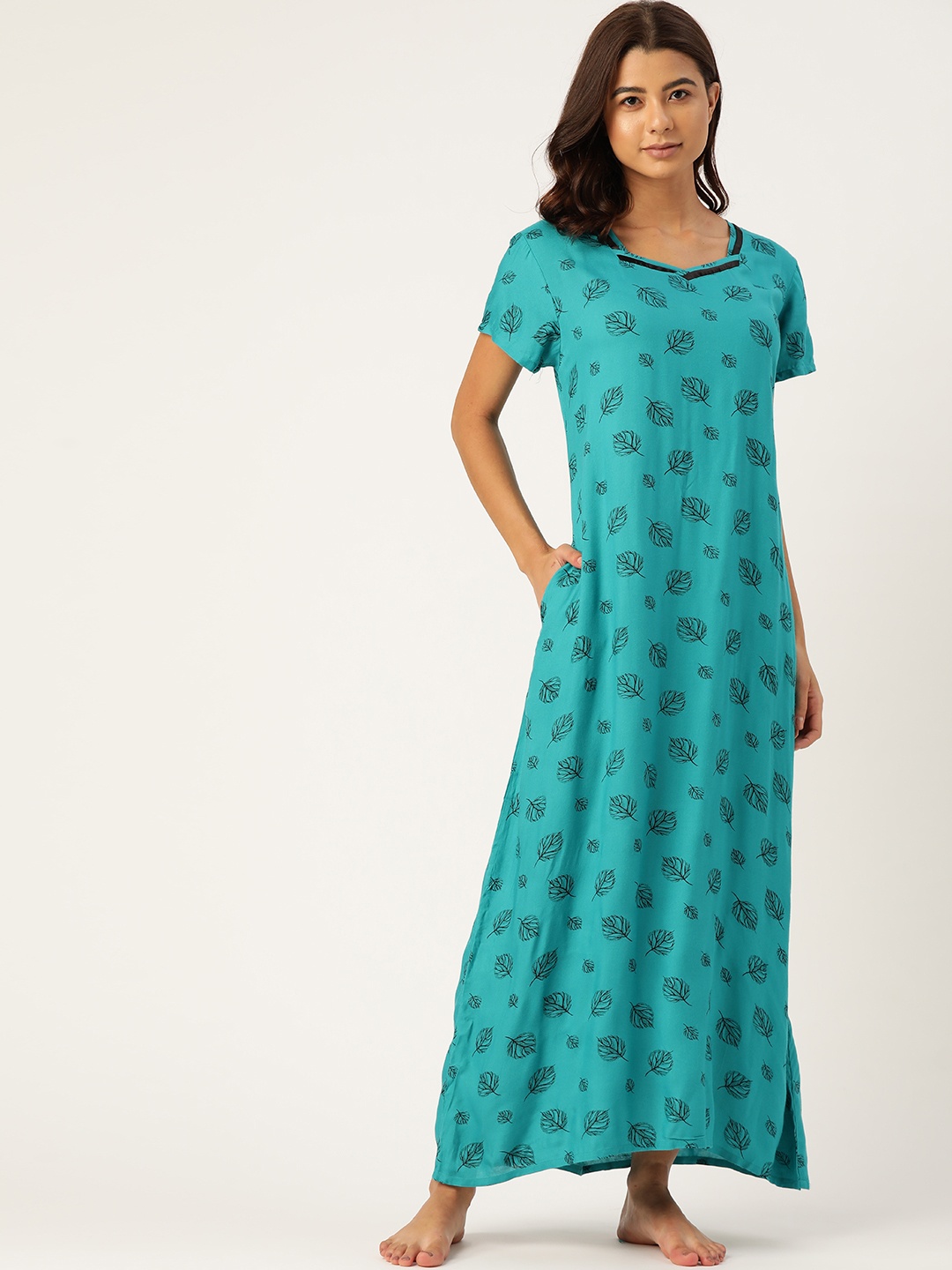 

ETC Teal Green & Black Printed Maxi Nightdress