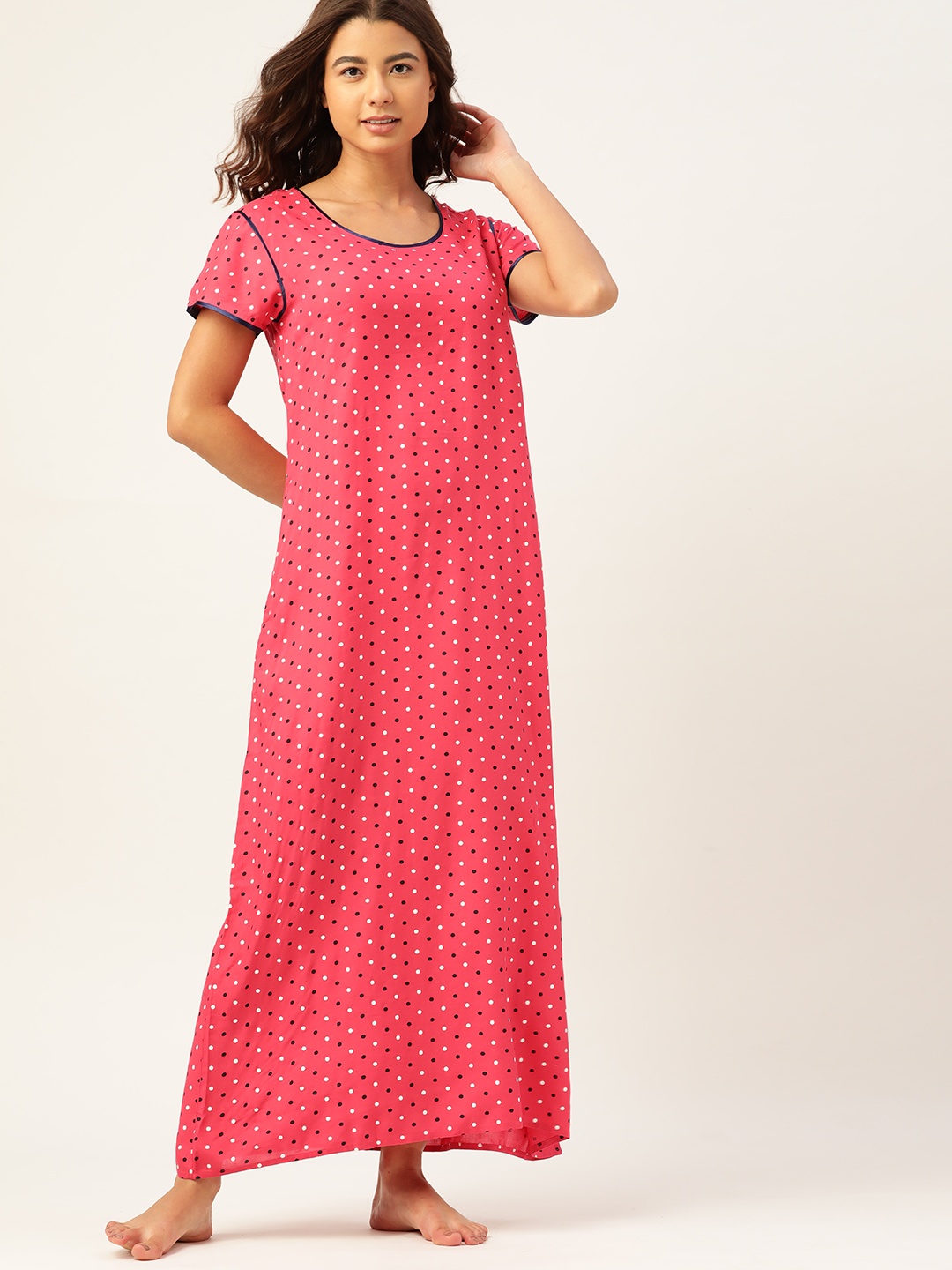 

ETC Women Pink & White Polka Dots Printed Maxi Nightdress