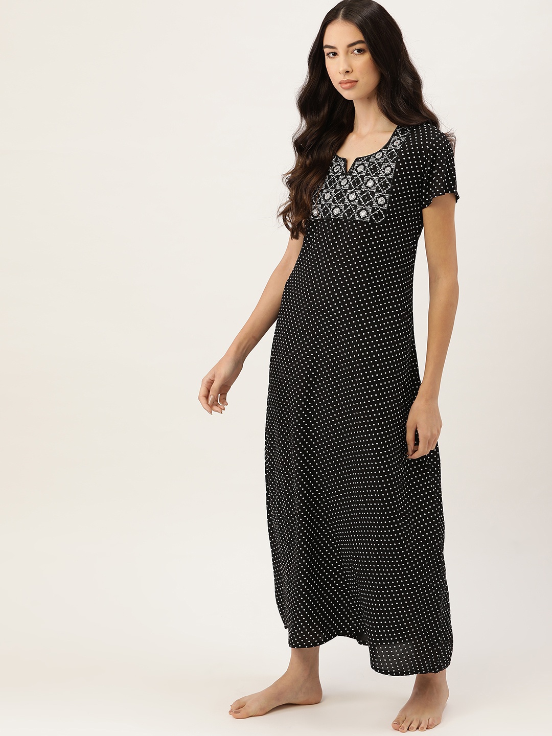 

ETC Black & White Polka Dot Printed Maxi Nightdress