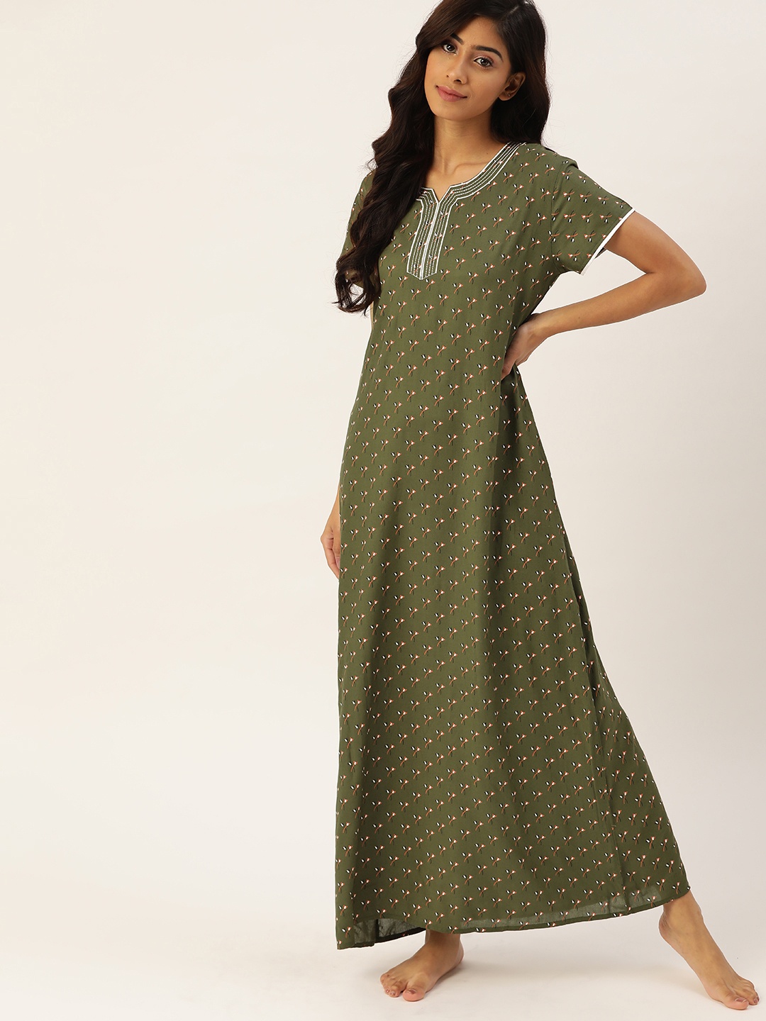 

ETC Olive Green Printed Maxi Nightdress