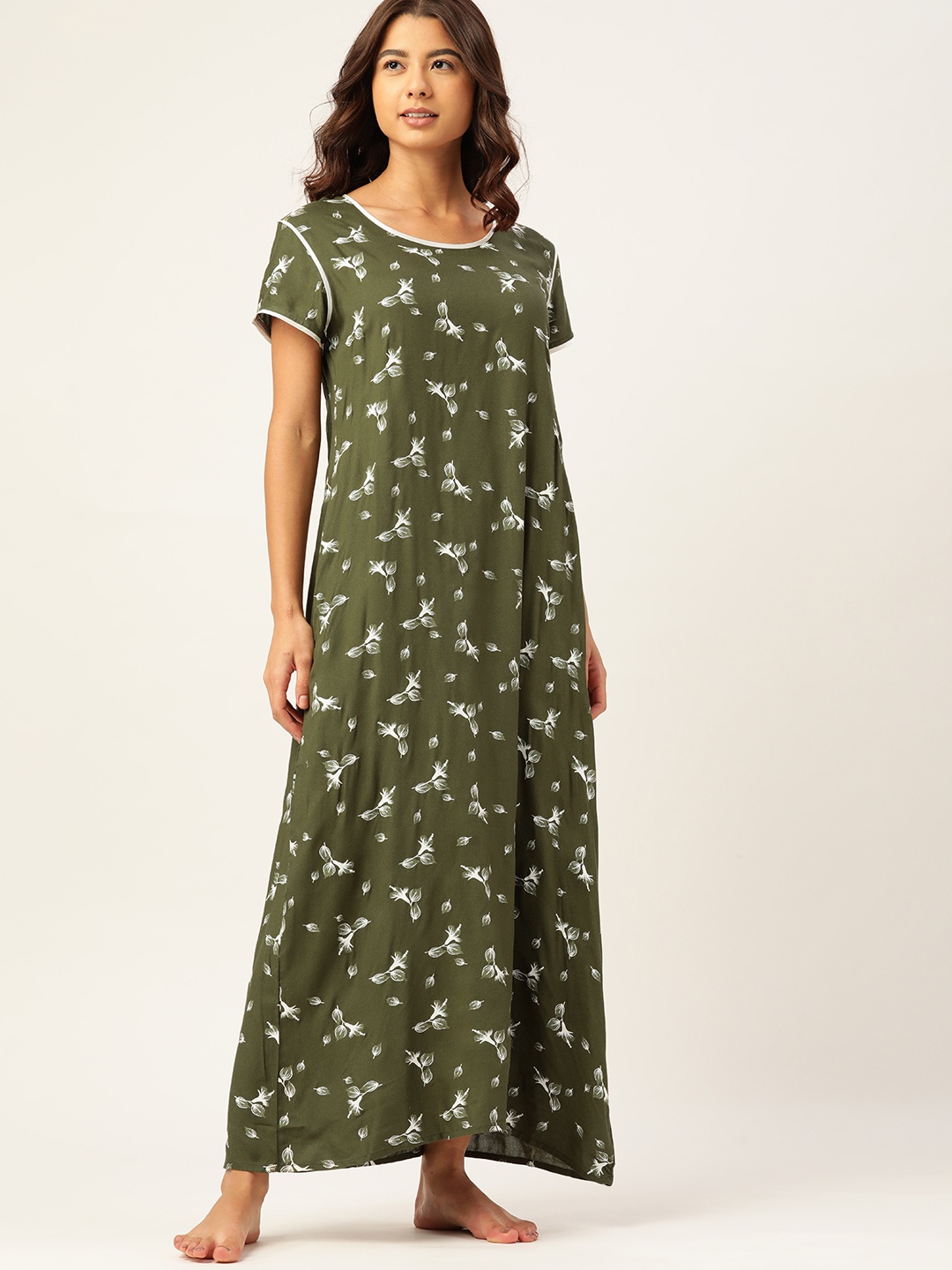 

ETC Women Olive Green Ethnic Printed Maxi Nightdress