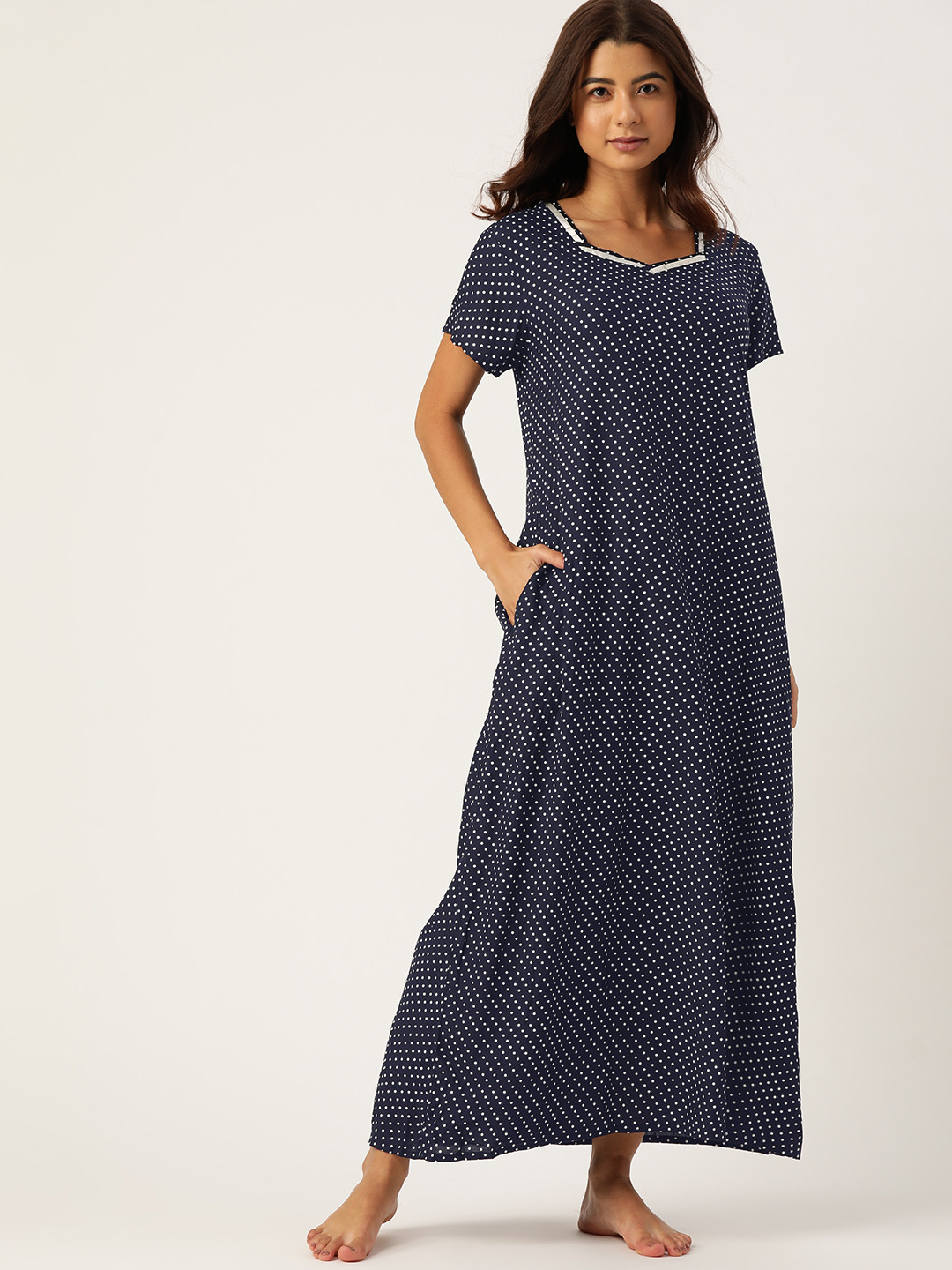 

ETC Navy Blue & White Printed Maxi Nightdress