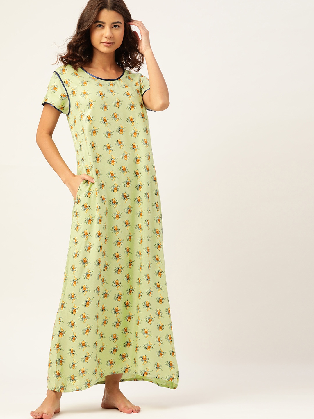 

ETC Women Green Floral Printed Maxi Nightdress