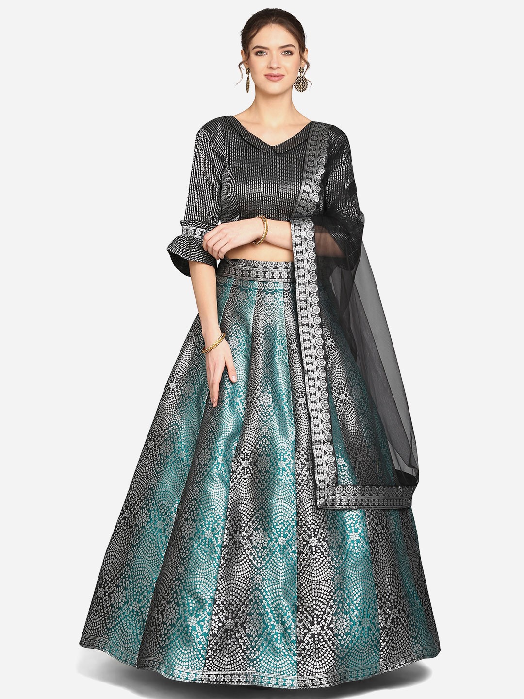 

PURVAJA Black & Teal Green Semi-Stitched Lehenga & Unstitched Blouse With Dupatta