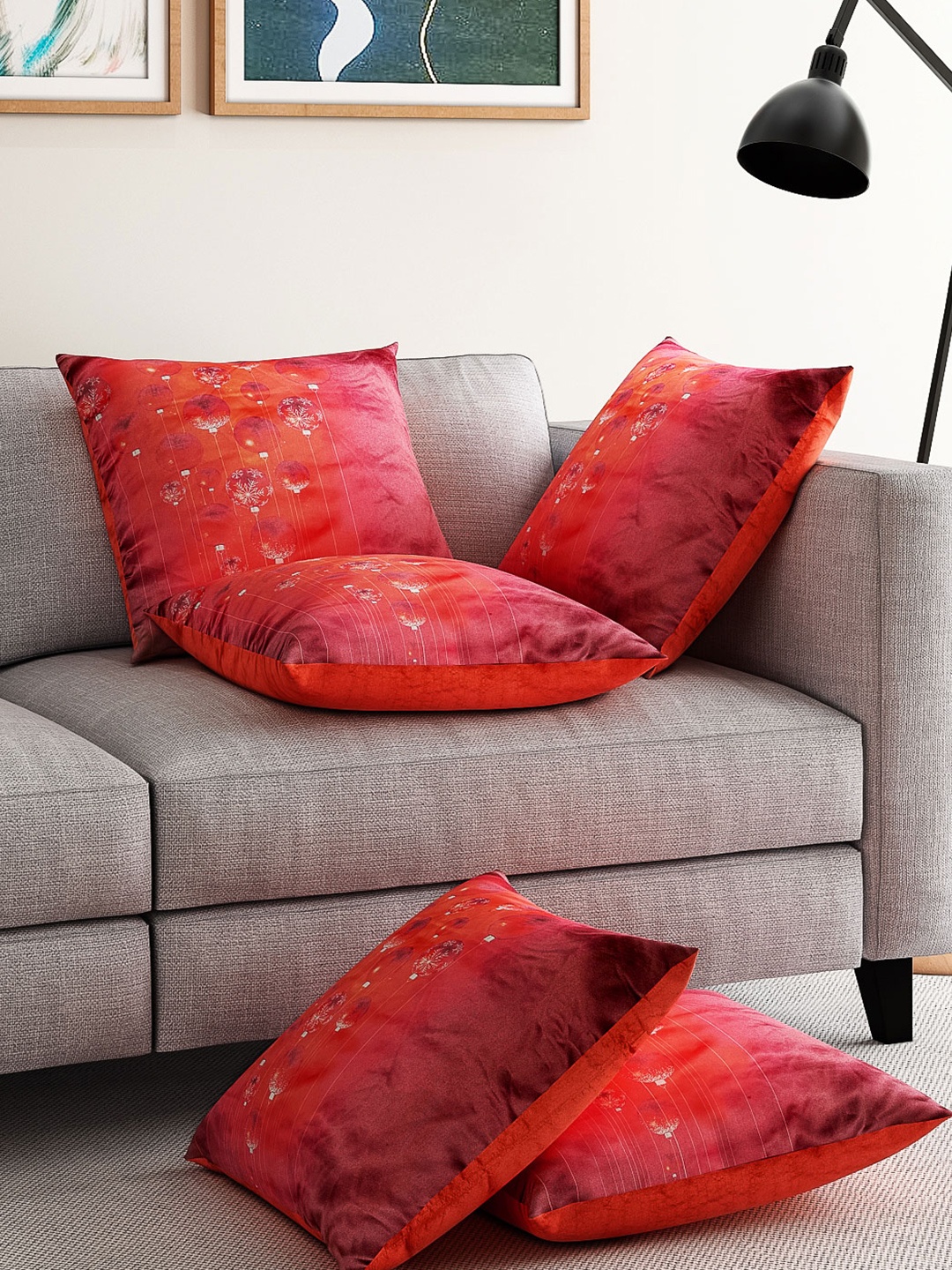 Alina decor Red Set of 5 Printed 16"x16" Square Cushion Covers