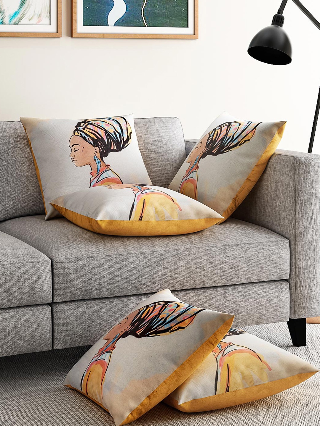 

Alina decor Blue & Beige Set of 5 Printed 16" x 16" Square Cushion Covers