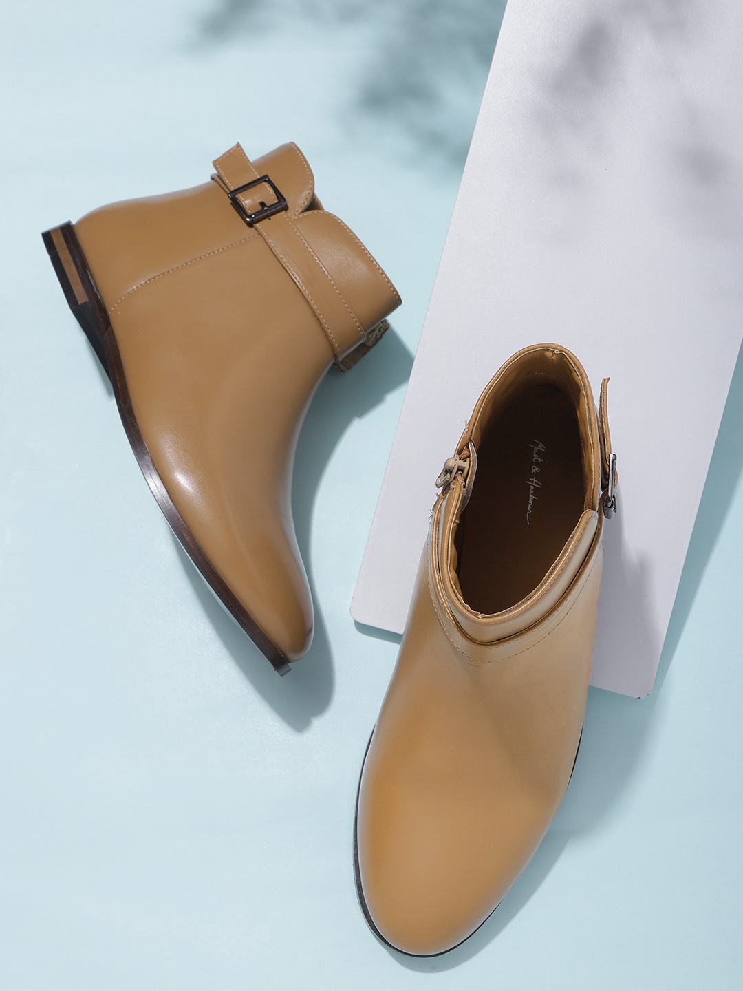

Mast & Harbour Women Camel Brown Glossy Finish Mid-Top Flat Boots with Buckle Detail