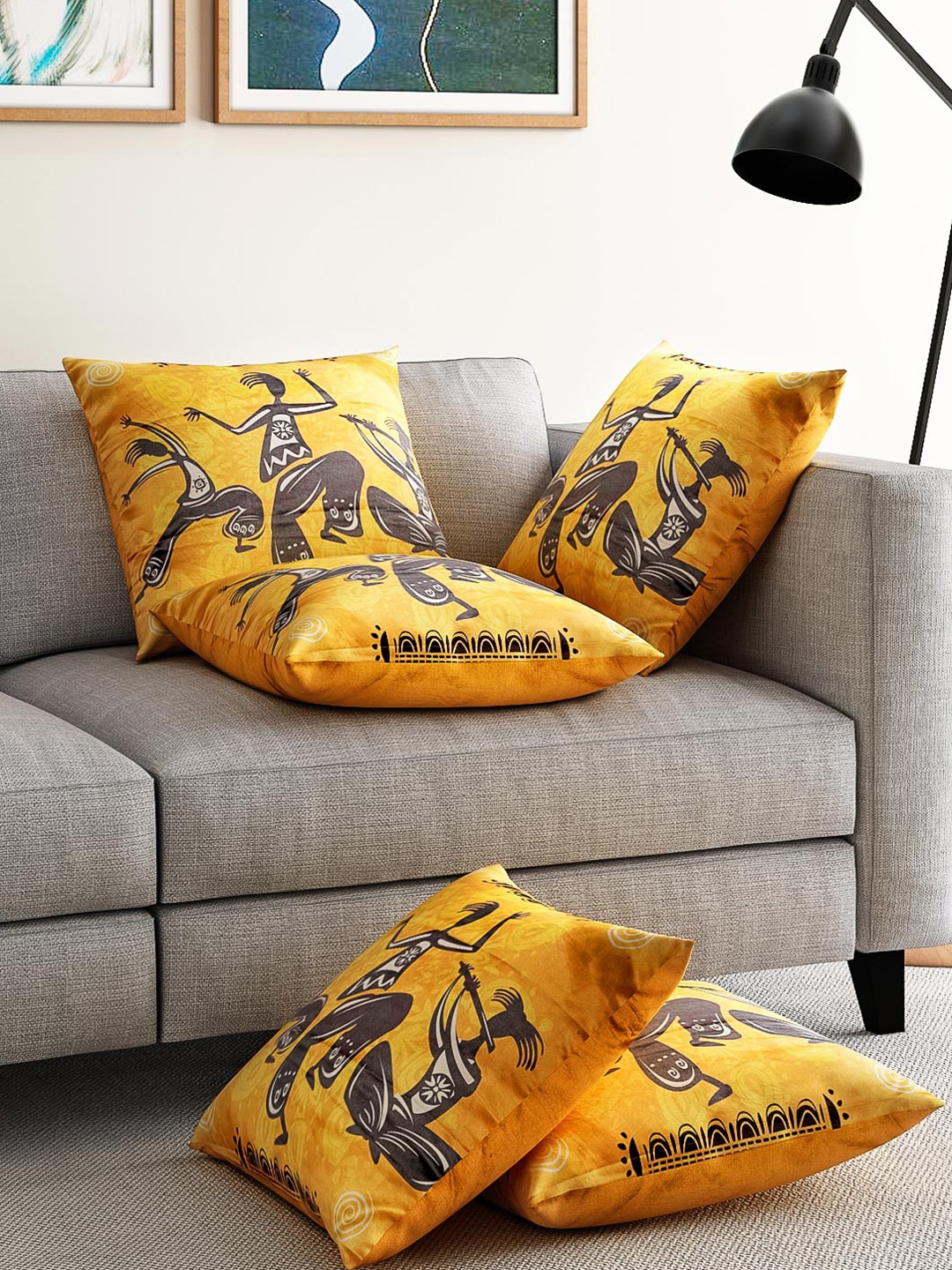 

Alina decor Mustard Yellow Set of 5 Printed 16"x16" Square Cushion Covers