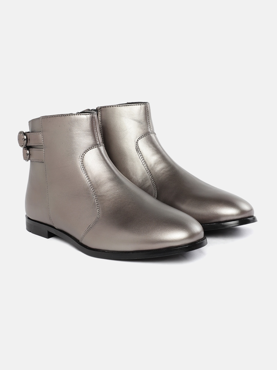 

DressBerry Women Gunmetal-Toned Solid Mid-Top Flat Boots with Buckle Detail, Metallic