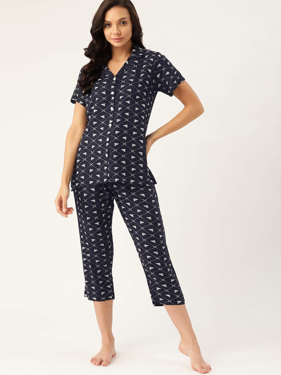 

ETC Women Navy Blue & White Printed Night suit