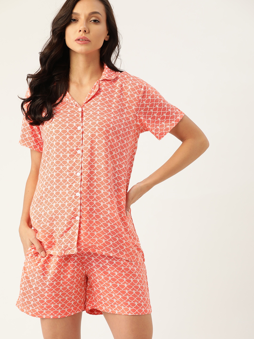 

ETC Women Peach-Coloured & White Printed Night suit