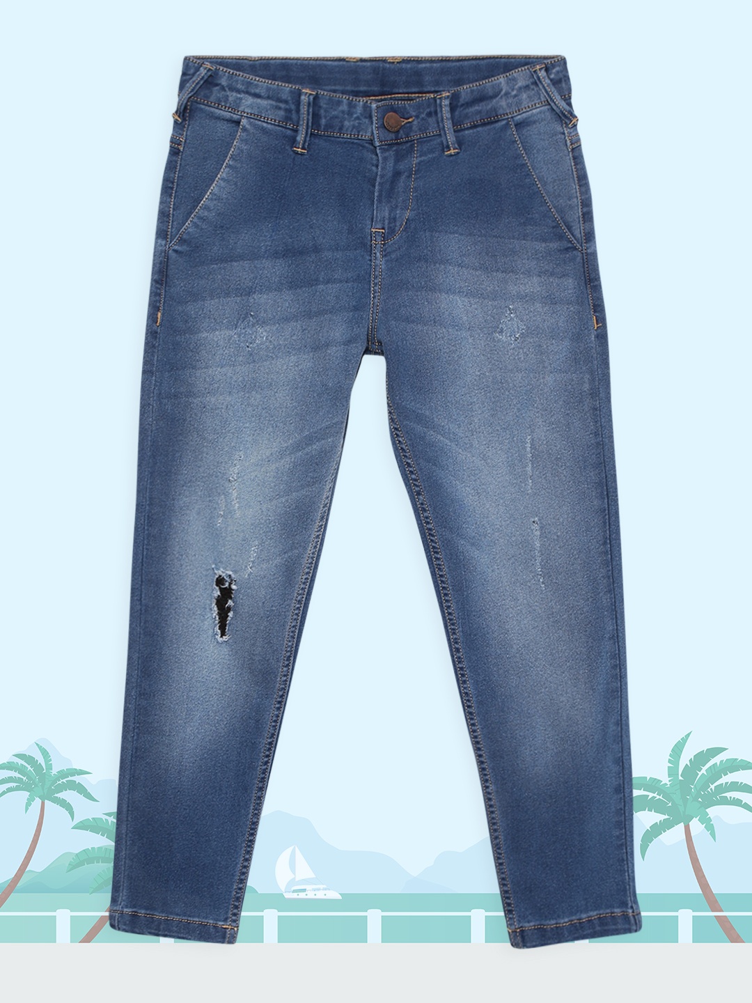 

HERE&NOW Boys Blue Slim Fit Low Distress Heavy Fade Stretchable Jeans