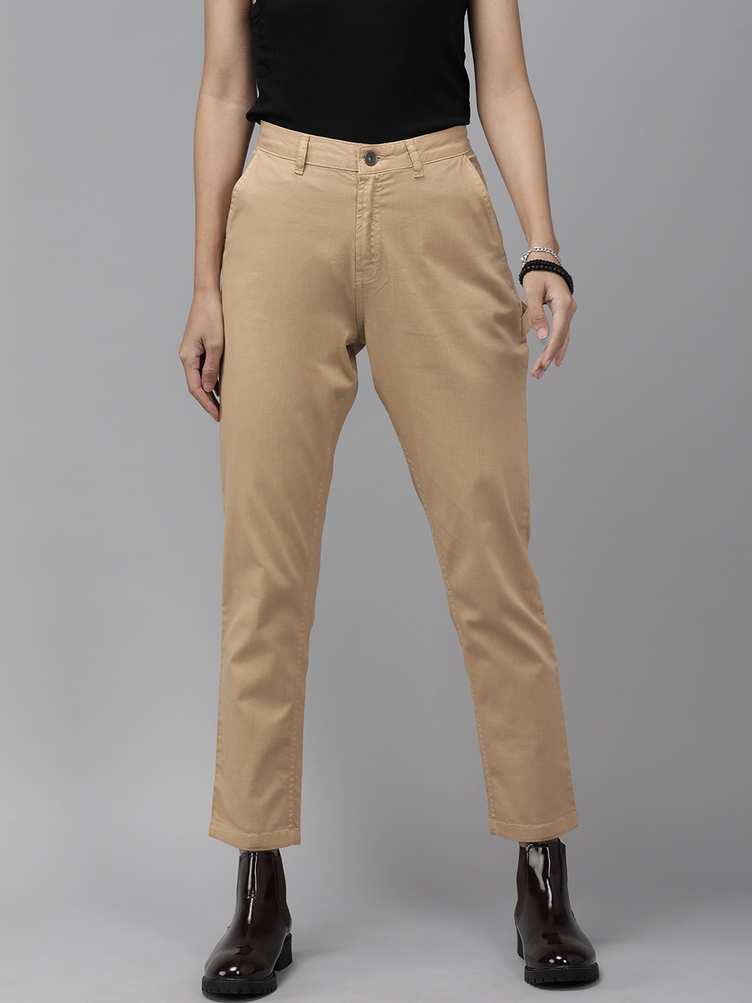 

The Roadster Lifestyle Co Women Beige Cargo Trousers