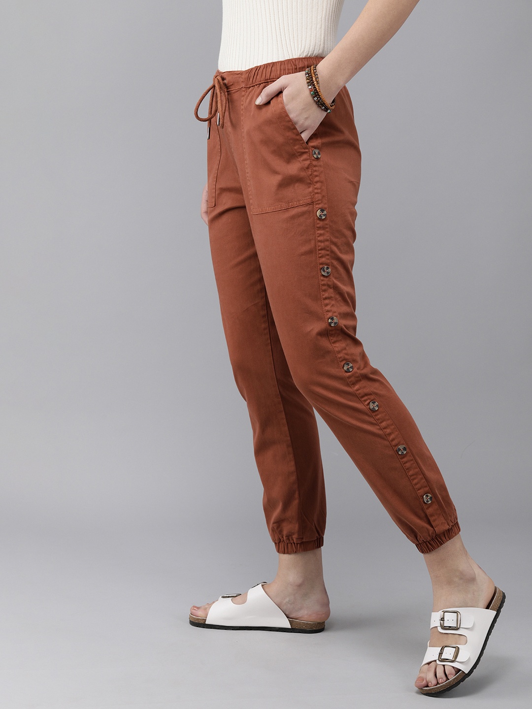 

Roadster Women Rust Orange Cropped Chino Joggers with Button Detailing