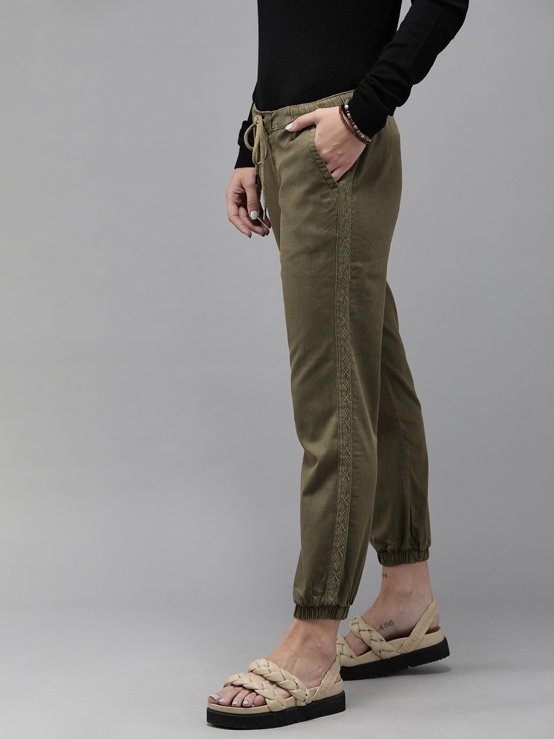 

Roadster Women Olive Green Solid Joggers