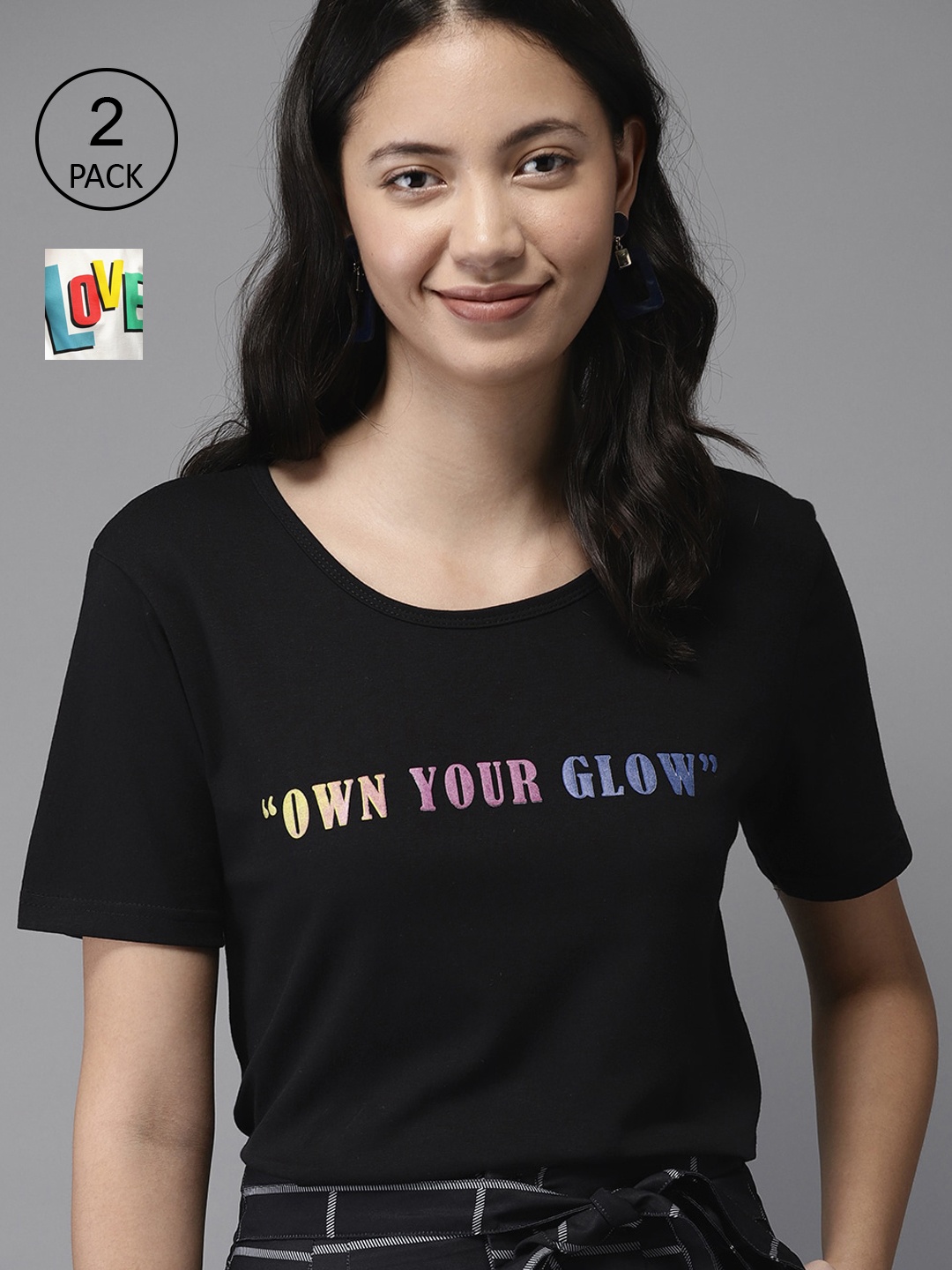 

HERENOW Women Black White Pack of 2 Pure Cotton T-shirt