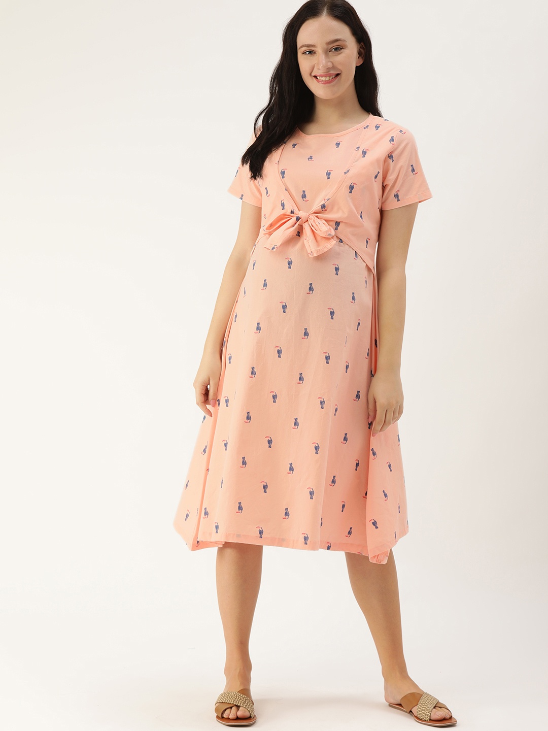 

Nejo Peach-Coloured & Blue Printed Nursing A-Line Dress