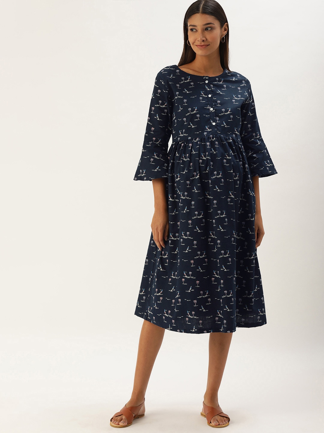 

Nejo Navy Blue & White Printed A-line Maternity Dress