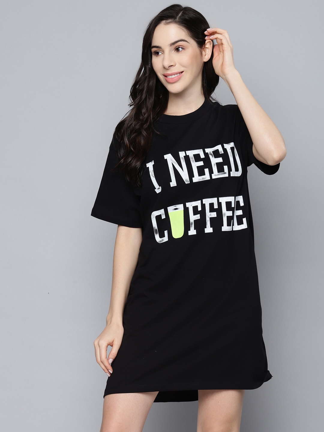 

SASSAFRAS Women Black & Grey Printed Sleep Shirt