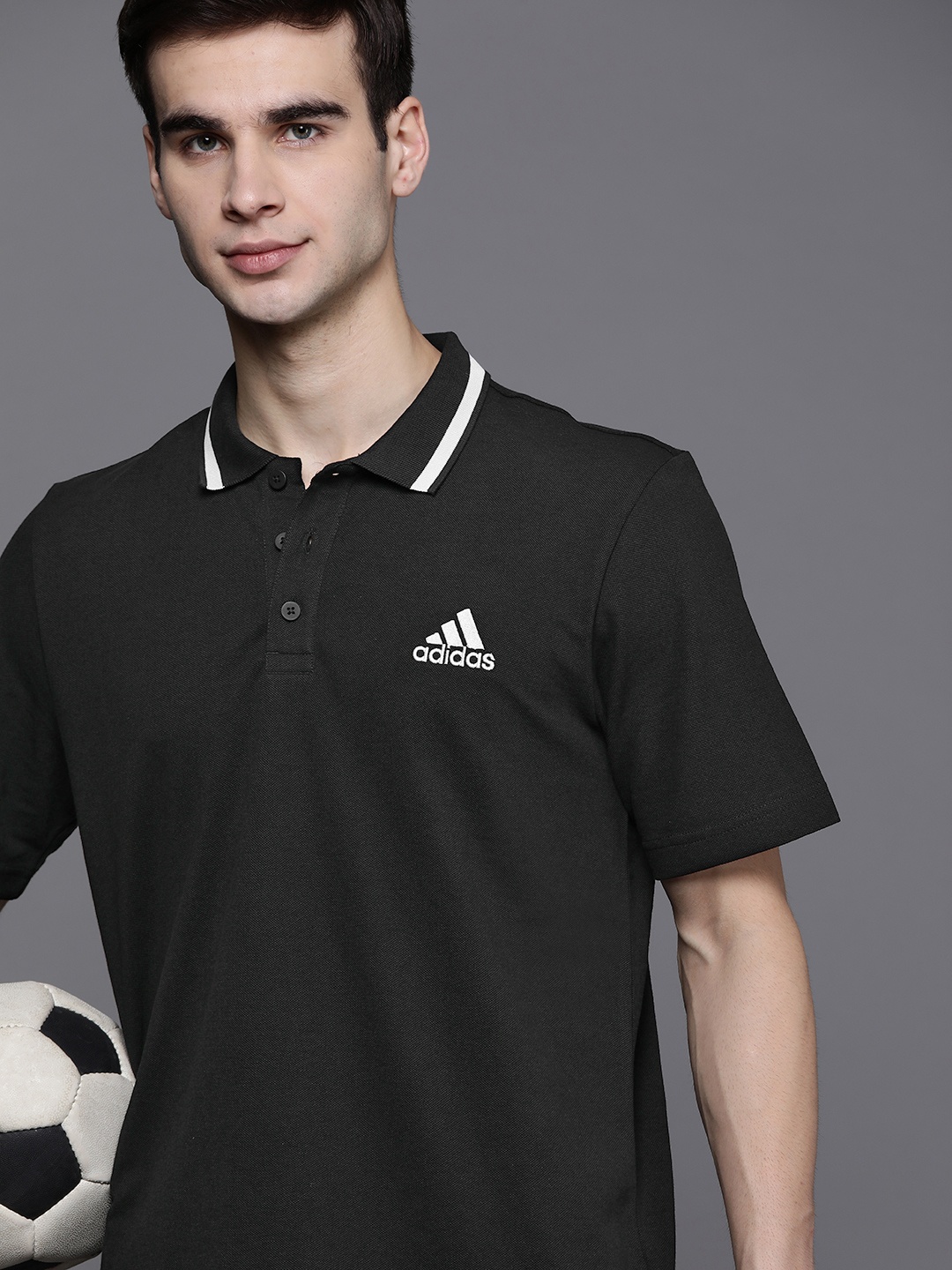 

ADIDAS Men Black Polo Collar Sport Inspired Essential Short Sleeve T-shirt