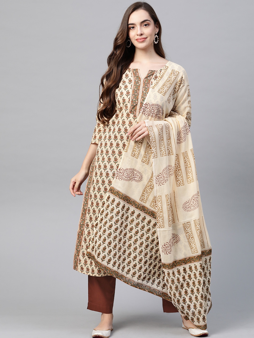

Yufta Women Beige Ethnic Motifs Printed Pure Cotton Kurta with Trousers & Dupatta