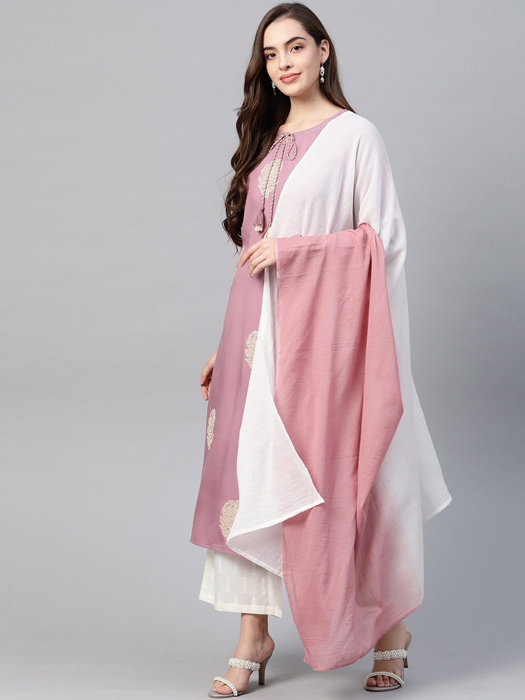 

Yufta Women Purple Floral Embroidered Kurta with Palazzos & Dupatta