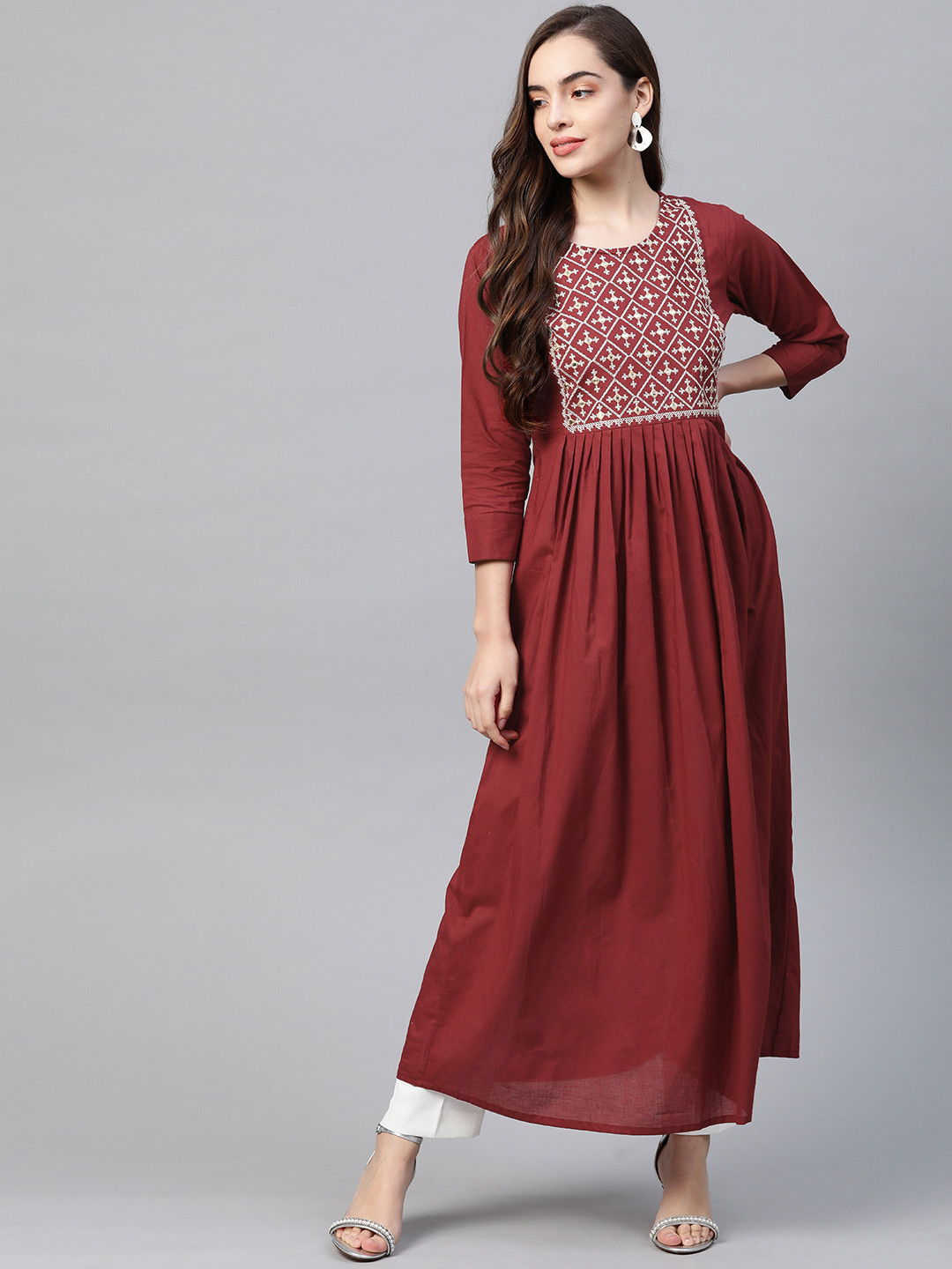 

Yufta Women Rust Red & White Embroidered Mirror Work Yoke Design Cotton A-Line Kurta