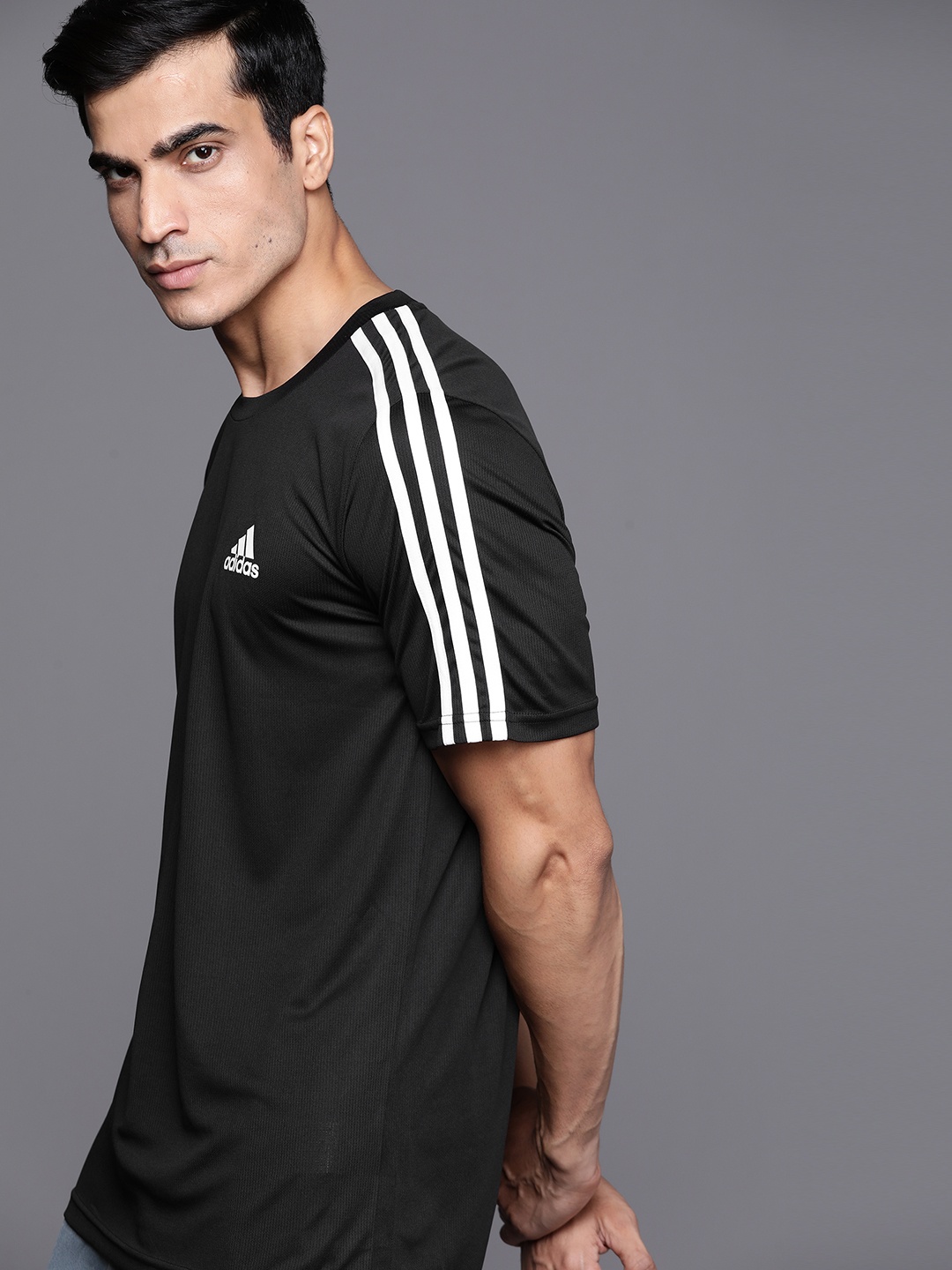 

ADIDAS Men Black 3 Stripes Ribbed Sustainable Training Sustainable T-shirt