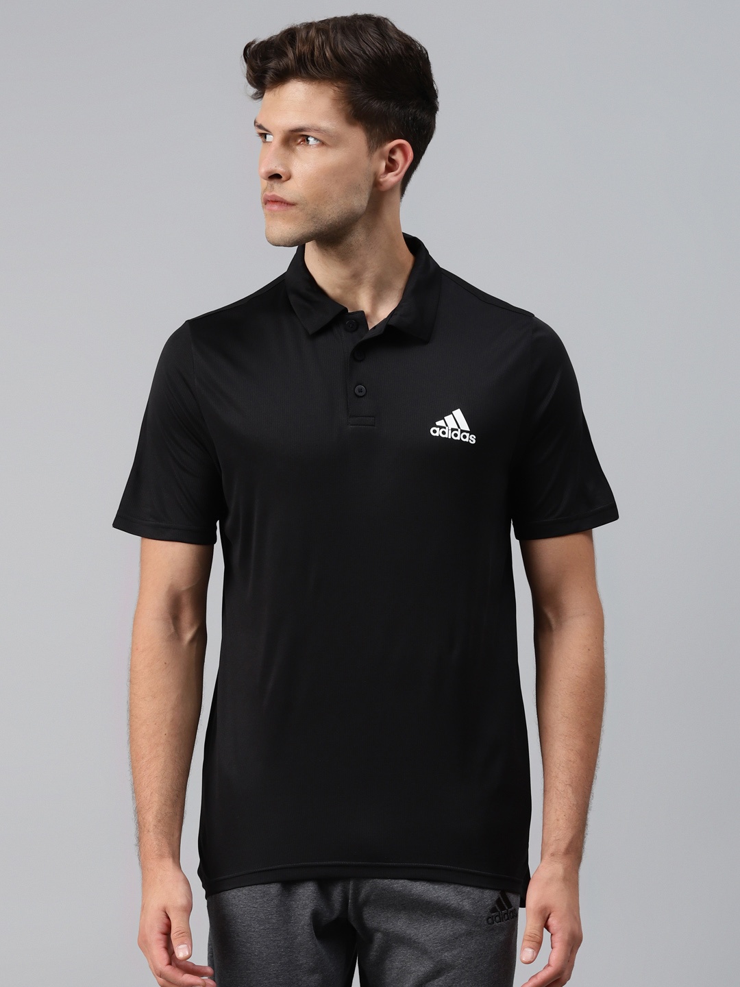 

ADIDAS Men Black Brand Logo Training D2M Plain Polo Sustainable Sustainable T-shirt