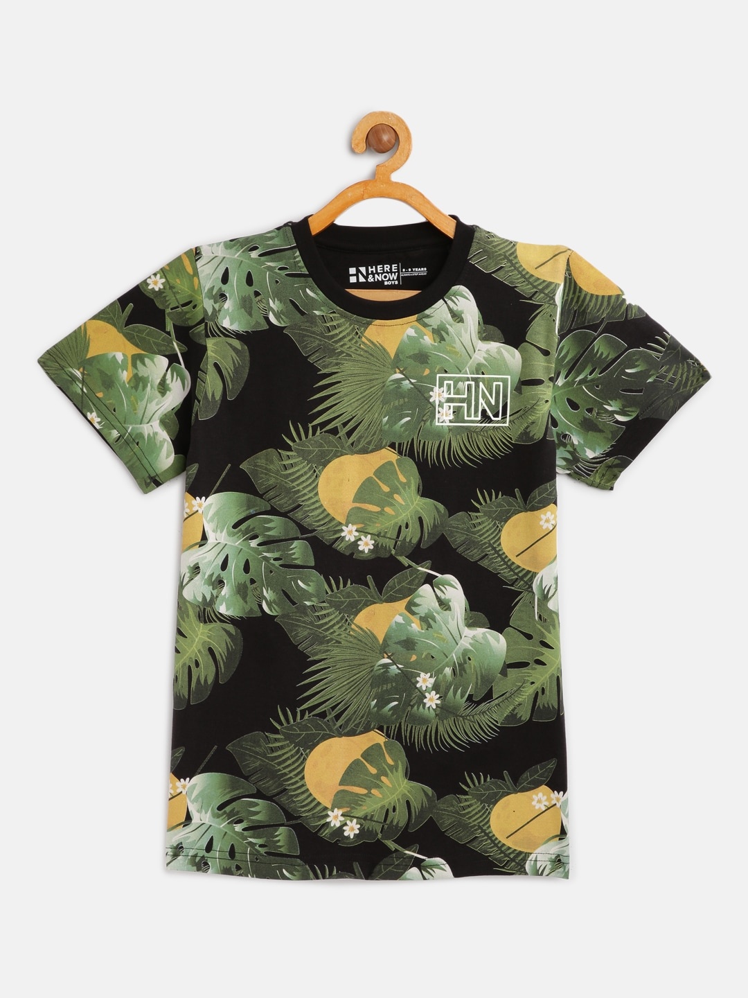 

HERENOW Boys Black Green Printed Cotton Pure Cotton T-shirt