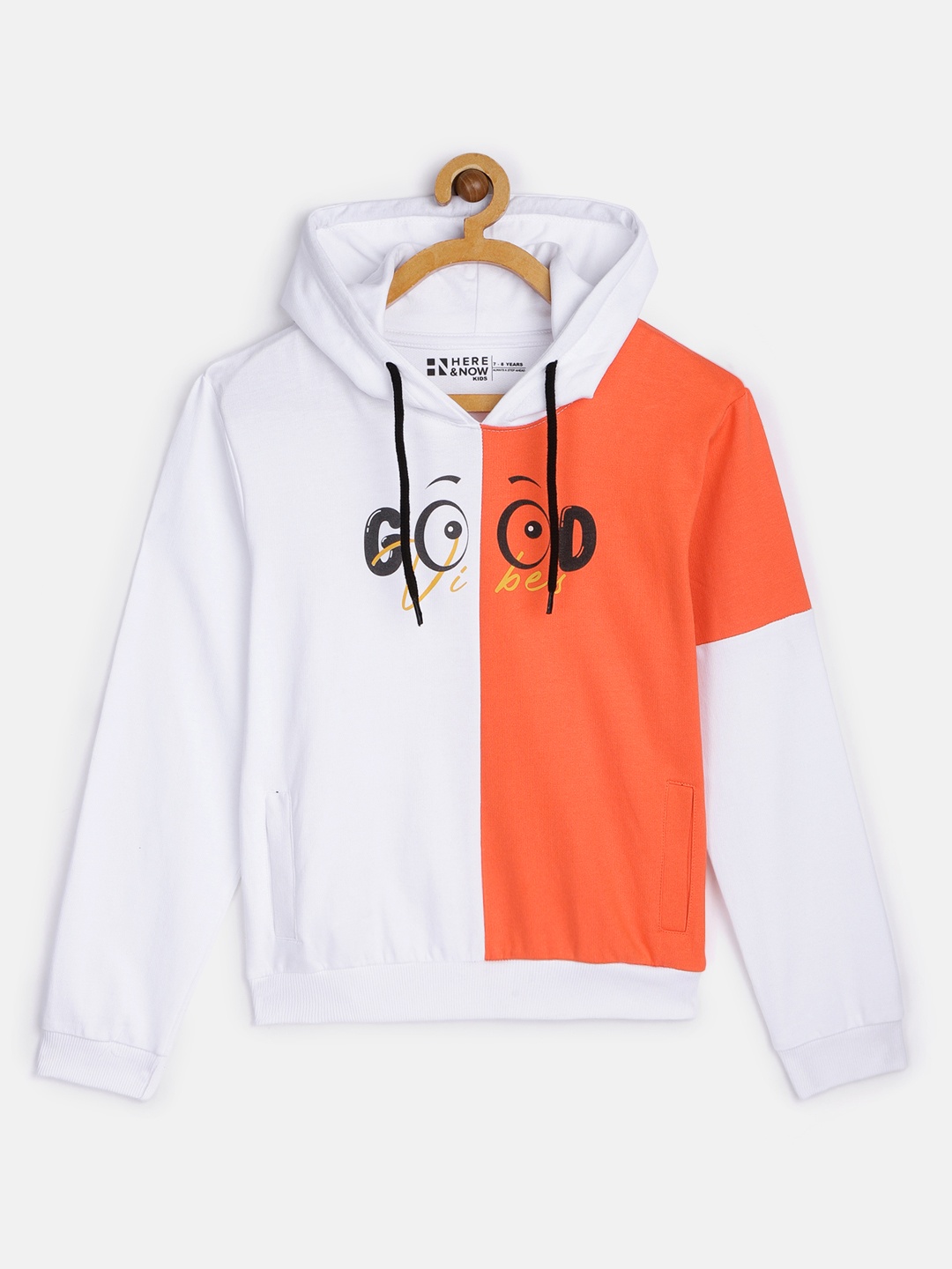 

HERE&NOW Boys White & Orange Colourblocked Pure Cotton Hooded Sweatshirt