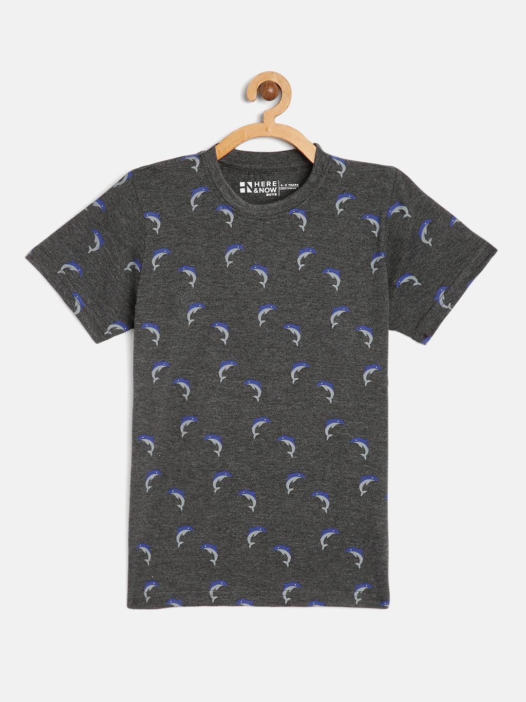 

HERENOW Boys Charcoal Grey Printed Pure Cotton T-shirt