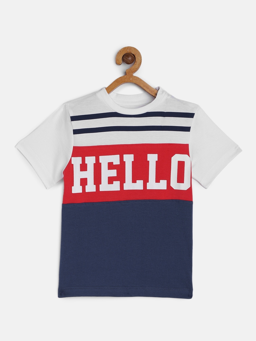 

HERENOW Boys Navy Blue Red Typography Colourblocked Pure Cotton T-shirt