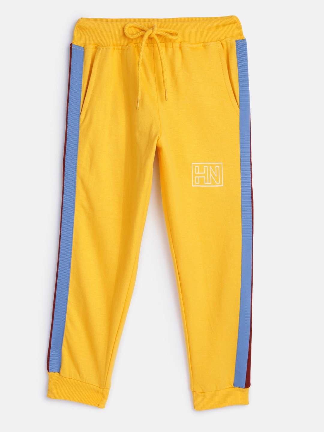 

HERE&NOW Boys Yellow Solid Pure Cotton Regular Fit Joggers with Side Stripe Detail