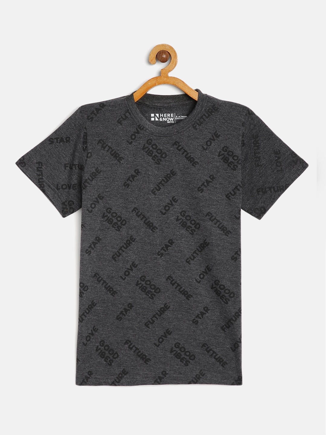 

HERE&NOW Boys Charcoal Typography Printed Cotton T-shirt