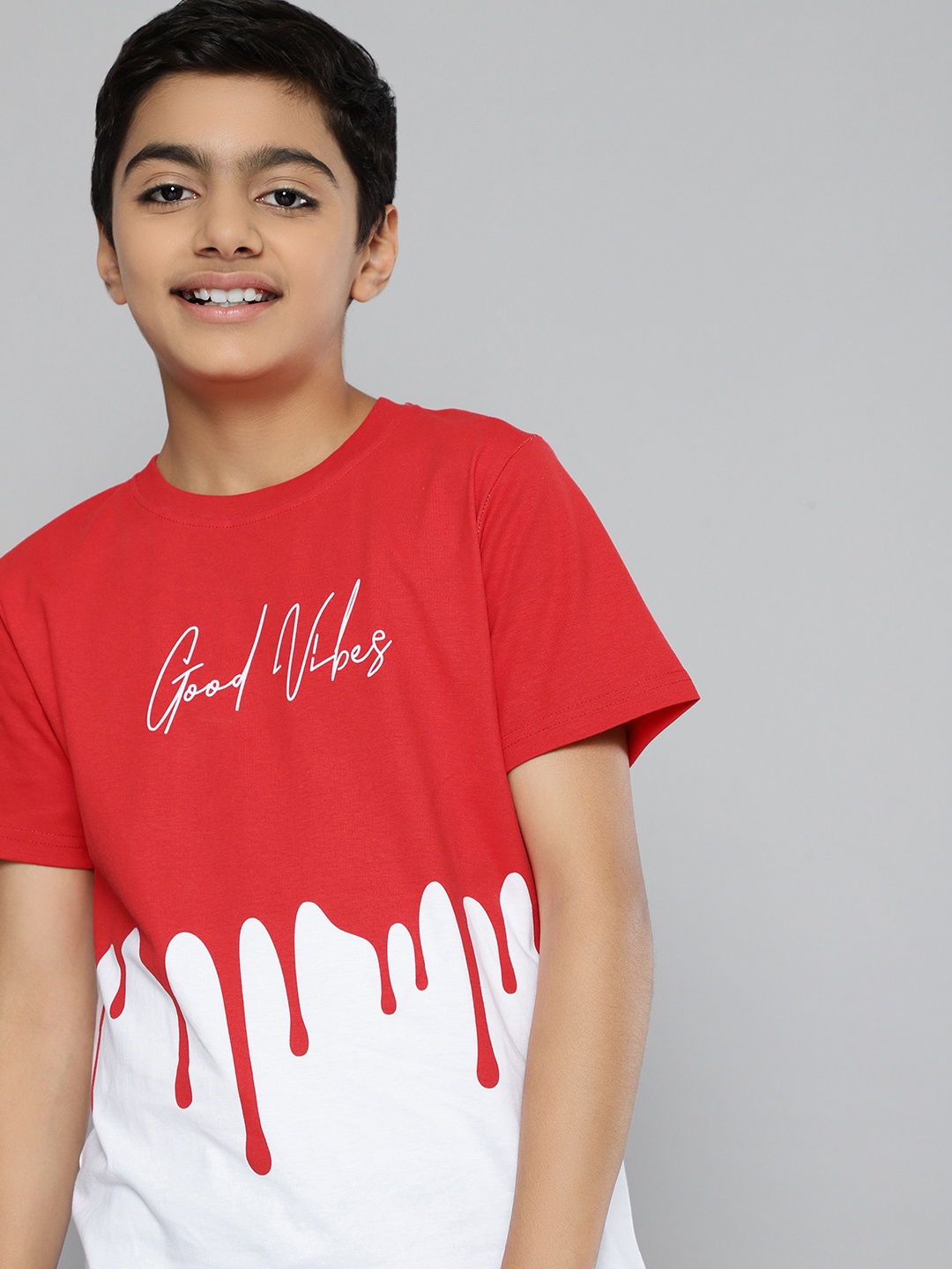 

HERENOW Boys Red White Colourblocked Pure Cotton T-shirt