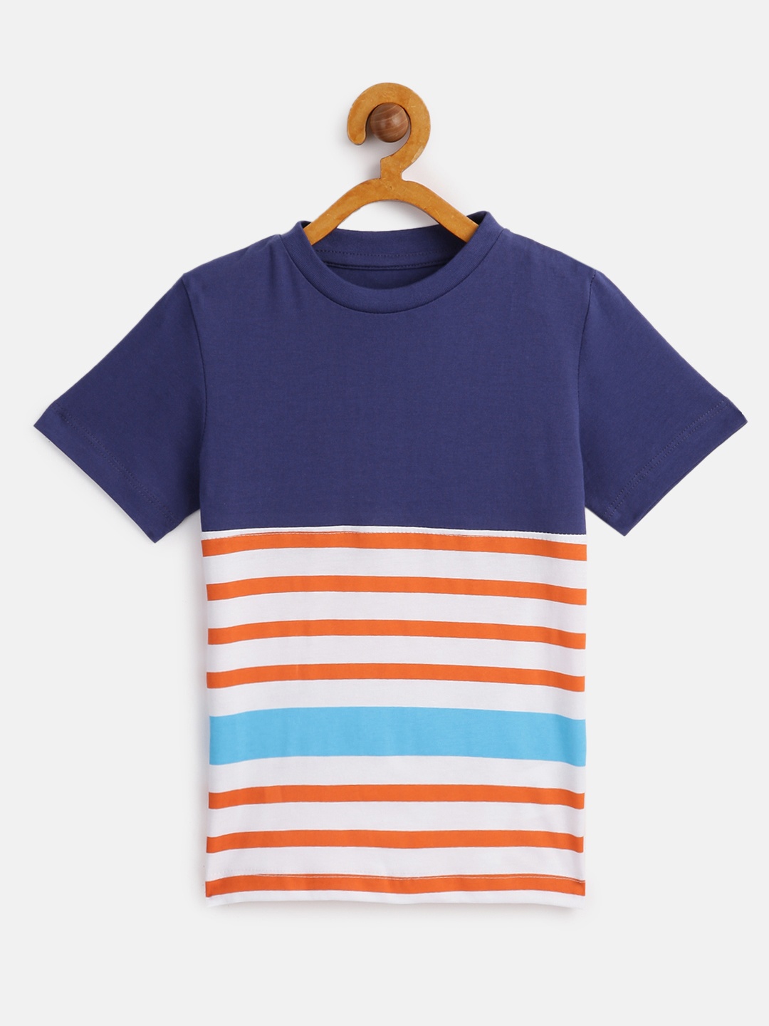 

HERENOW Boys Navy Blue White Striped Pure Cotton T-shirt