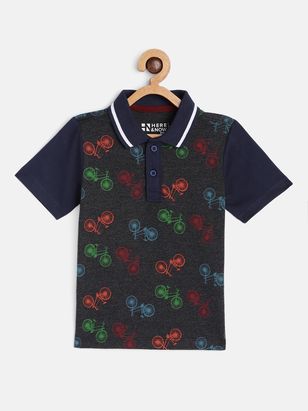 

HERENOW Boys Charcoal Navy Blue Printed Pure Cotton Polo Collar Pure Cotton T-shirt