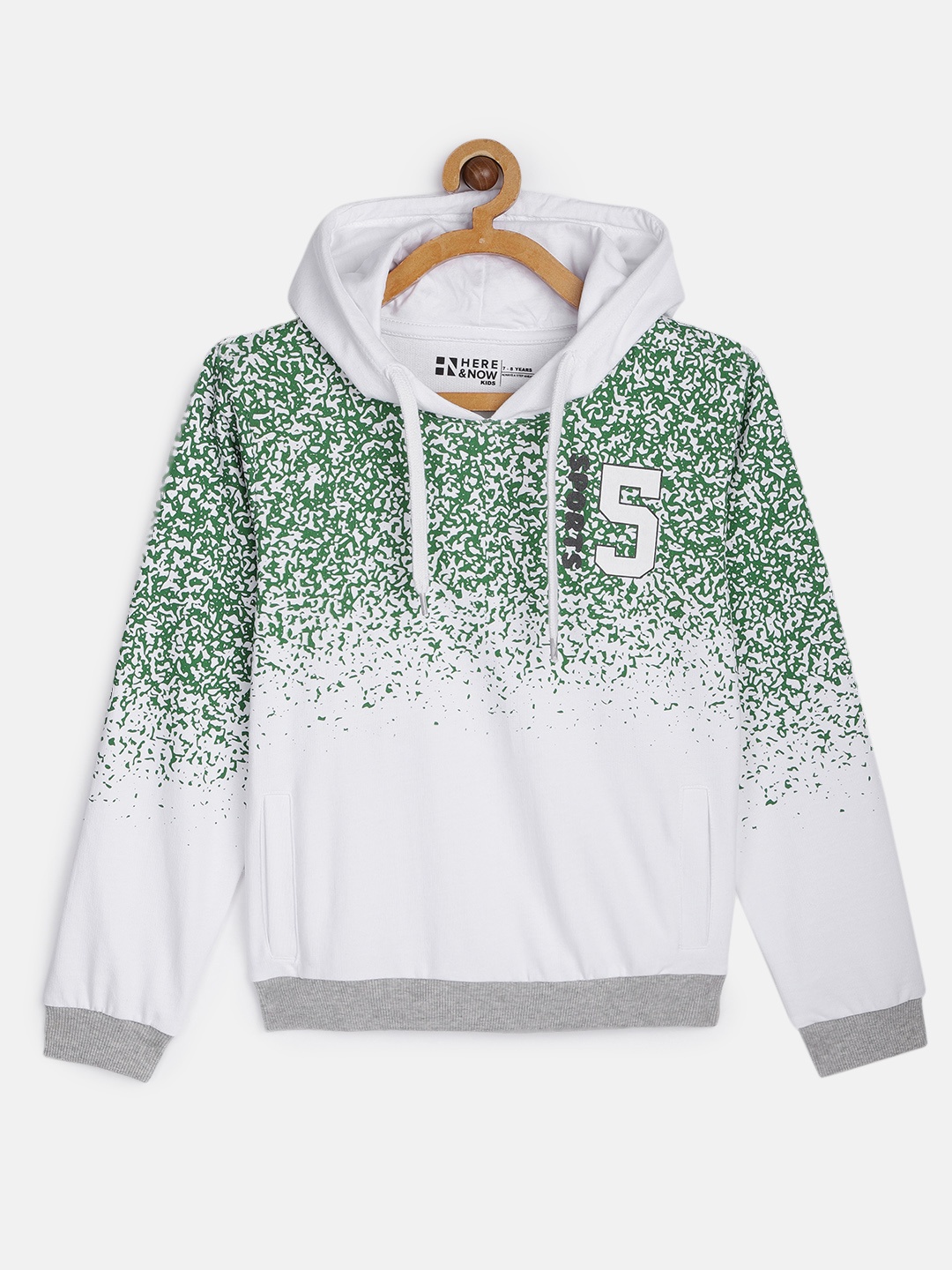 

HERE&NOW Boys White & Green Printed Pure Cotton Hooded Sweatshirt