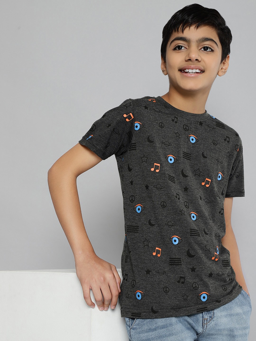 

HERE&NOW Boys Grey Printed Polyester PU Coated T-shirt
