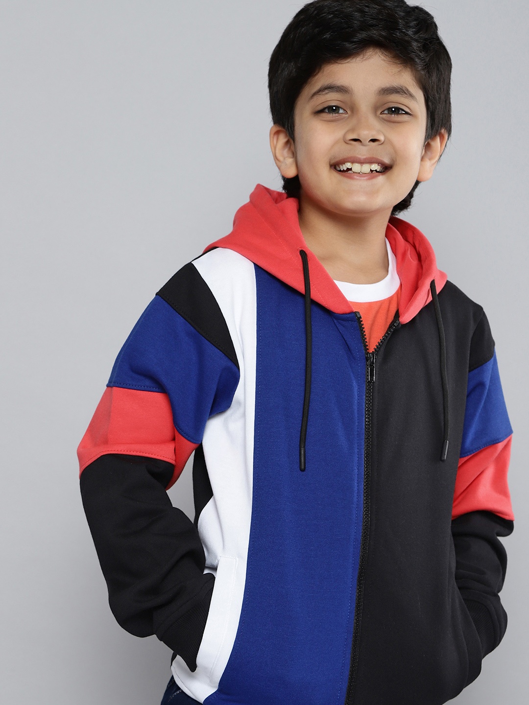 

HERE&NOW Boys Navy Blue & Black Colourblocked Hooded Sweatshirt