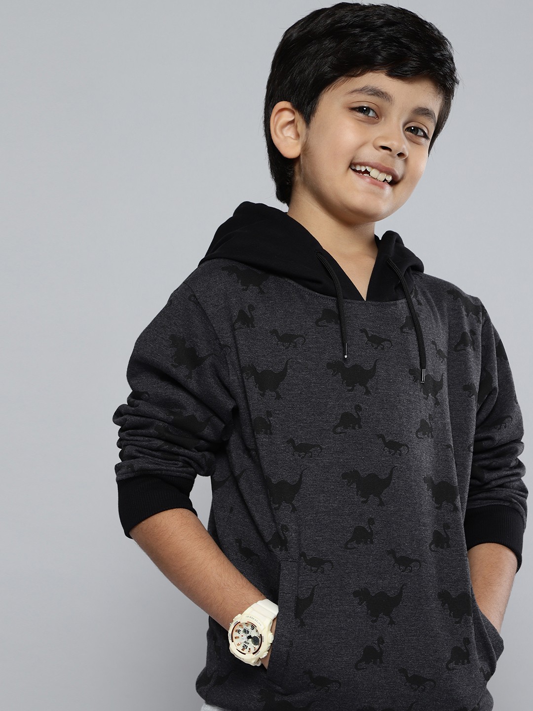 

HERE&NOW Boys Charcoal Grey Printed Hooded Sweatshirt